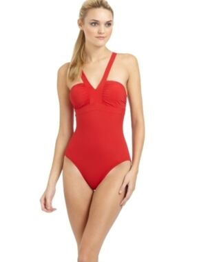 SPANX Red Deep V-neck One-Piece Swimsuit Slimming Support Size 14